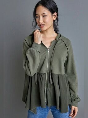 Anthropologie T.La Lavande Moss Green Zip Front Hoodie Tunic Peplum XS Boho